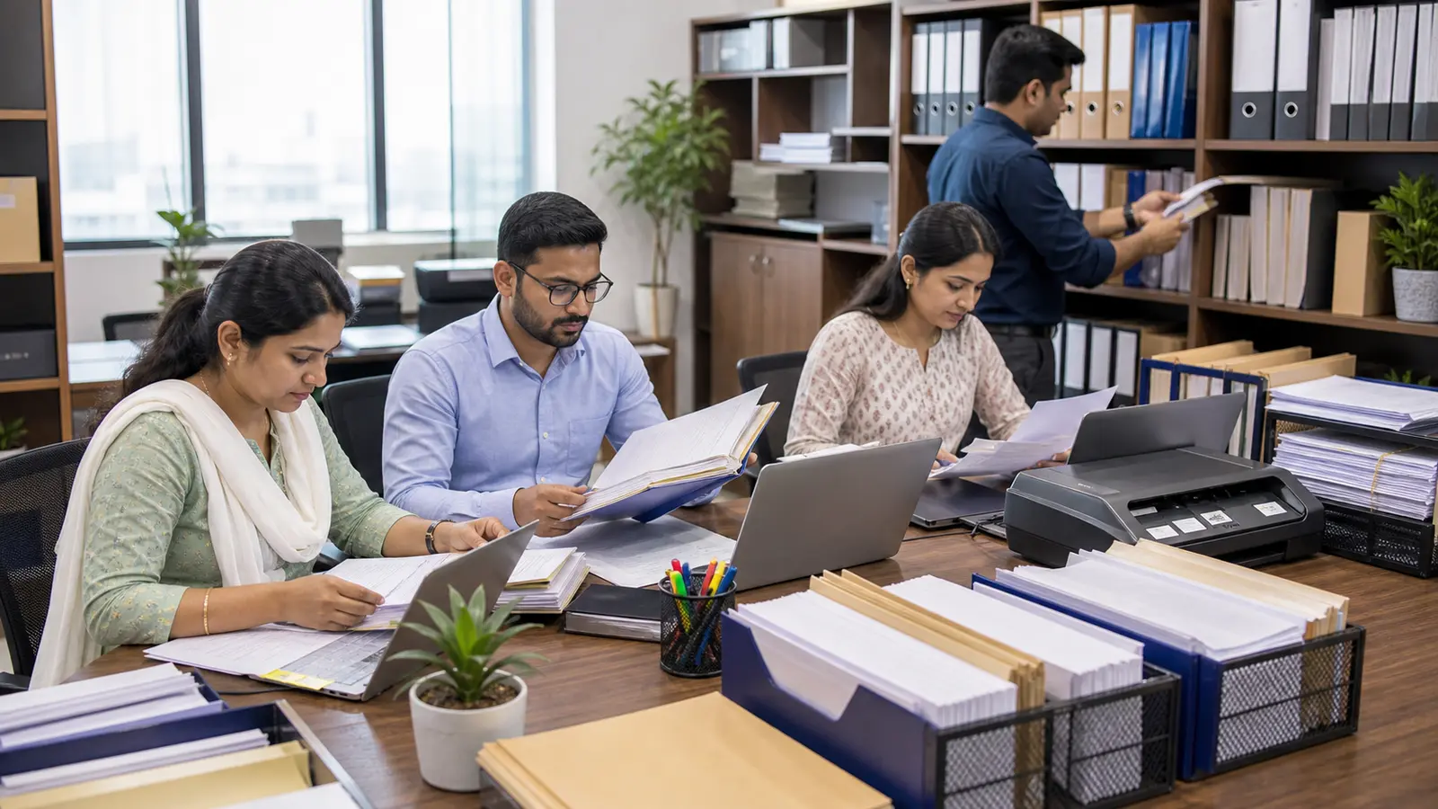 RTA operations team arranging unlabeled ISIN activation document workflow files