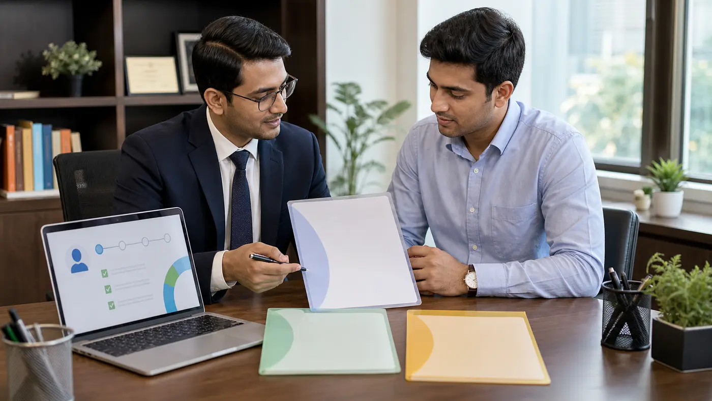 A corporate finance operations team reviewing blank NPS registration readiness documents