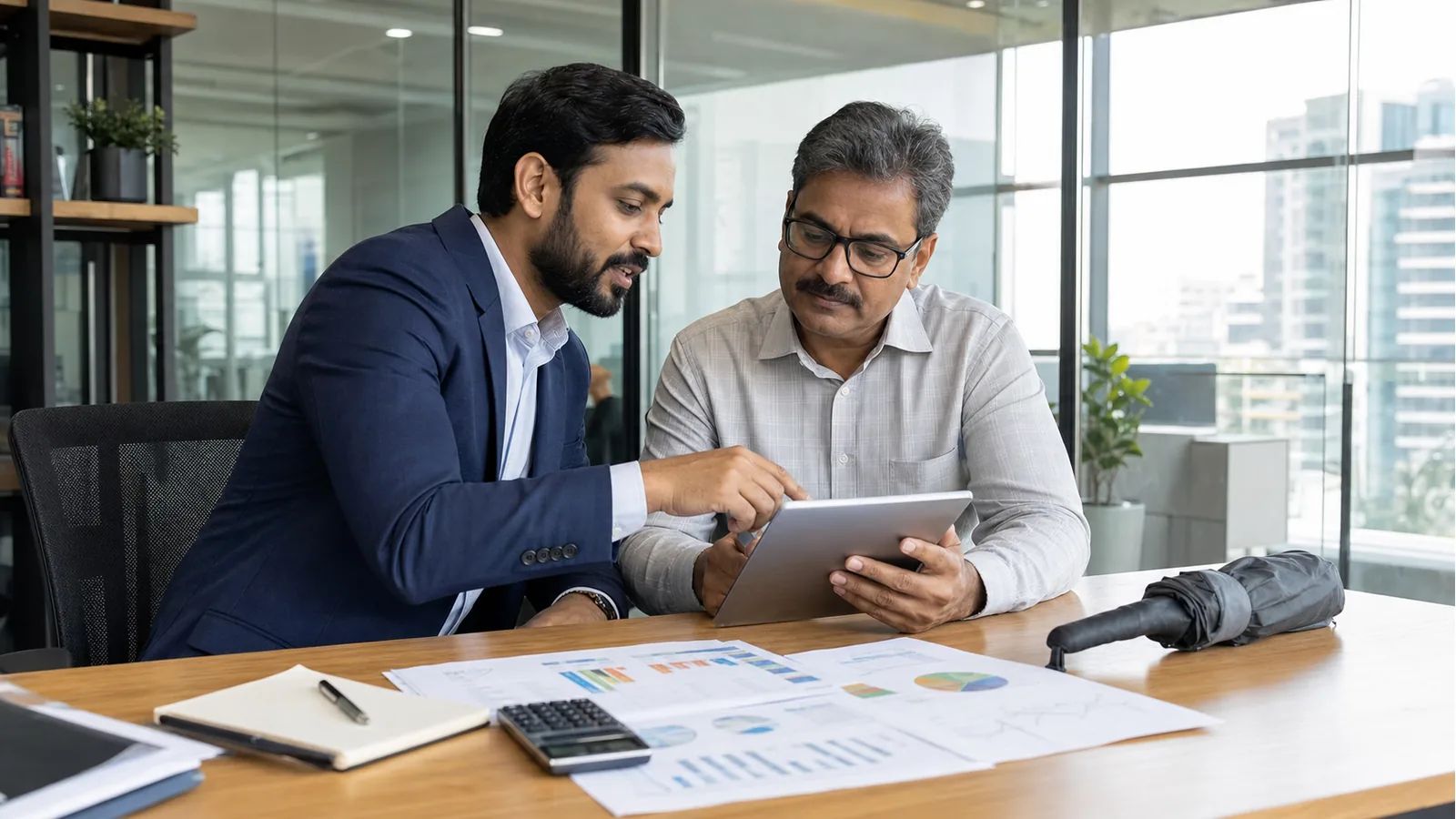 A corporate portfolio review table shows folders, blank charts and a risk boundary discussion