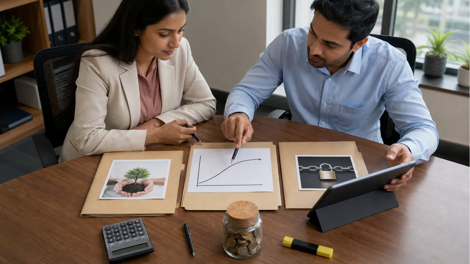 A professional investment review desk showing long-term holdings, option premium planning and a capped-upside risk marker without any readable text.