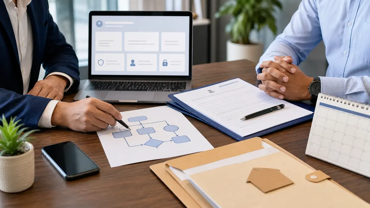 Professional reviewing an NPS statement on a laptop with printed account pages