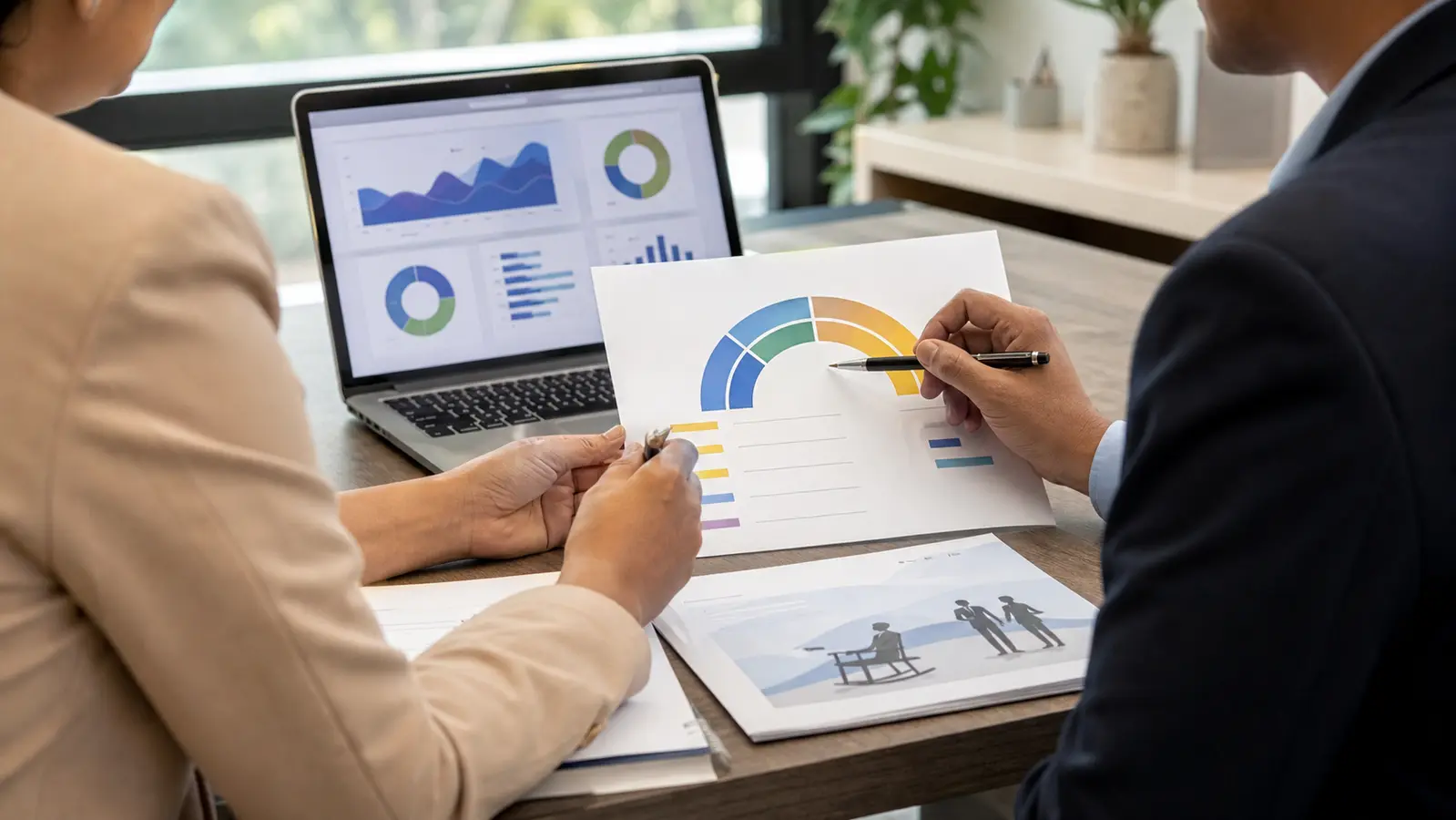Financial adviser and subscriber reviewing age-based retirement allocation papers