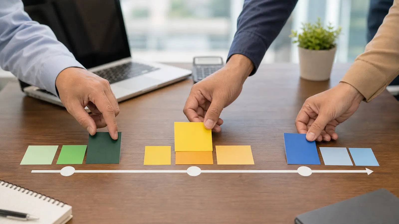 Corporate team arranging allocation cards across a retirement planning timeline