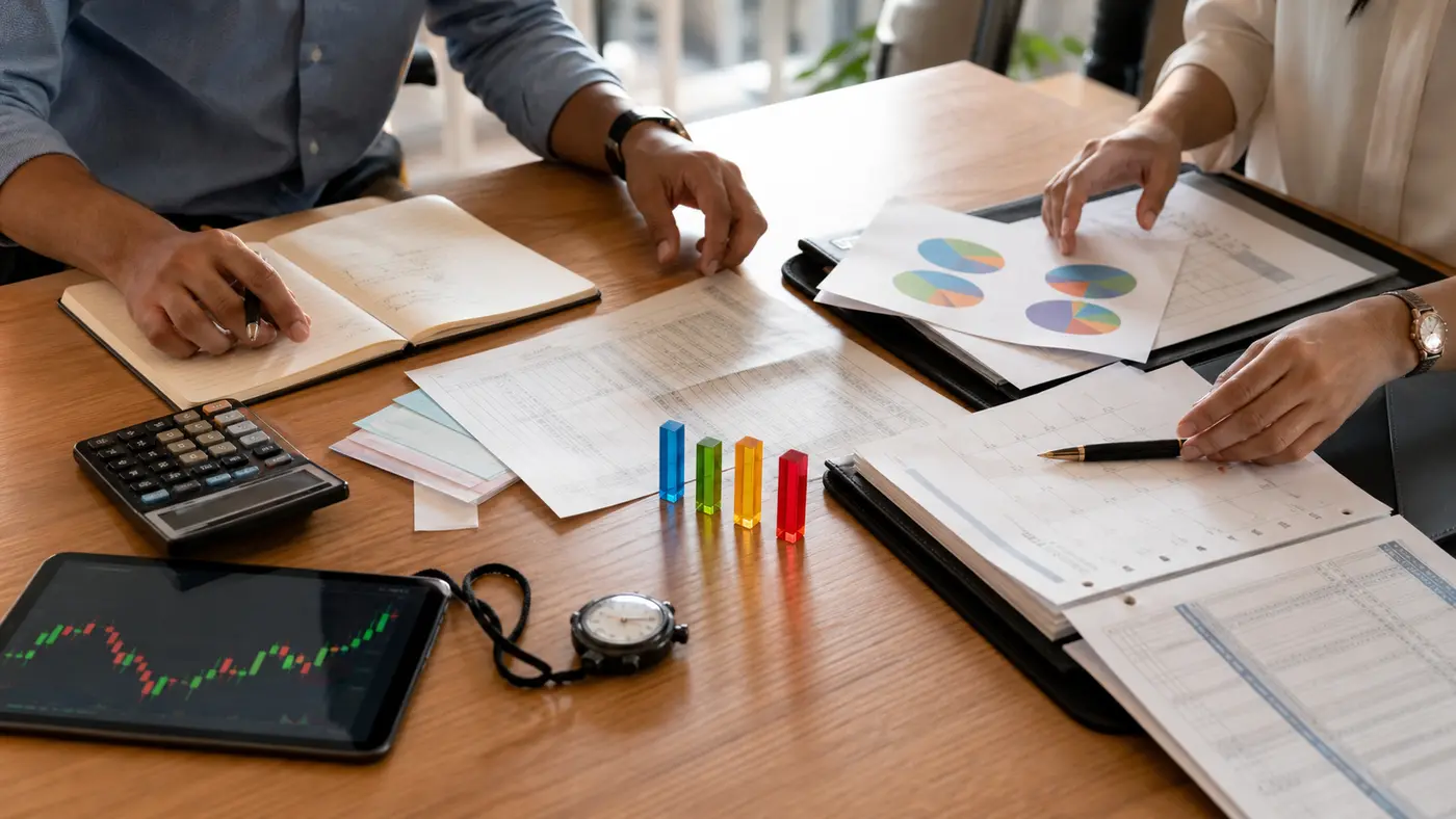 Hands arranging trading journal, stopwatch, portfolio papers and colored risk markers on an office desk