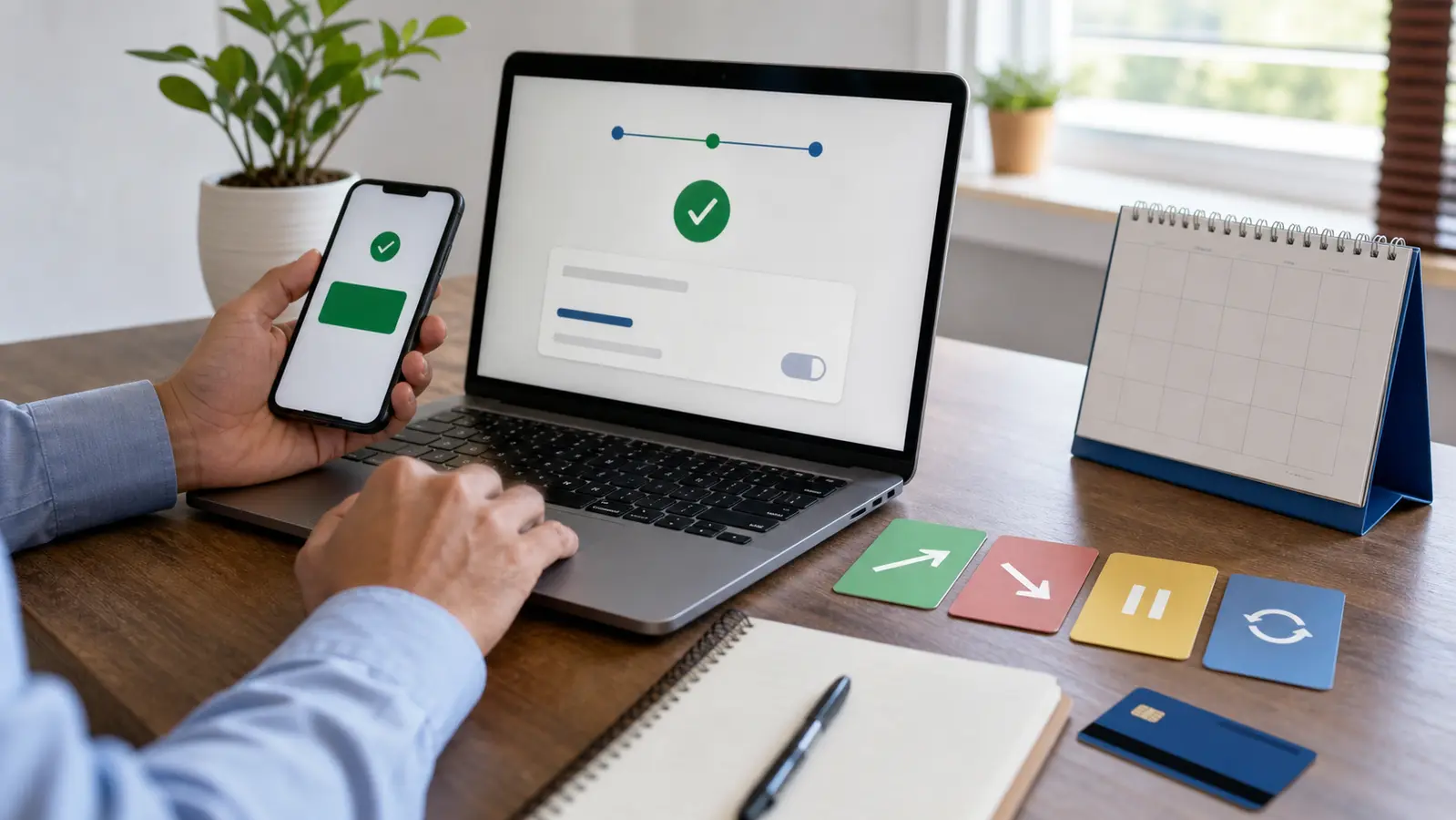 Professional investor using a laptop and phone to manage an online NPS contribution routine