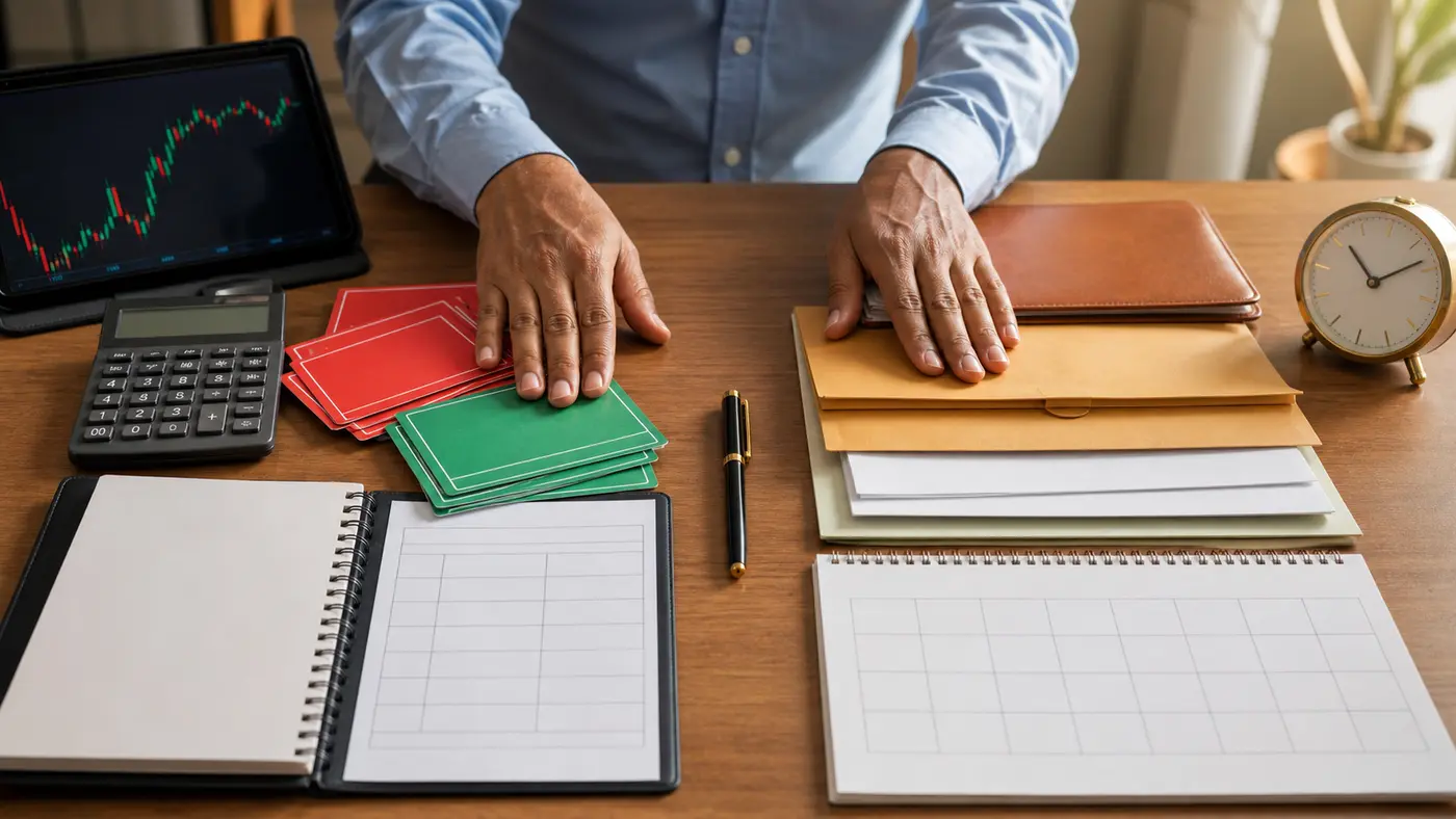 Hands separating F&O risk cards and calculator from family savings folders and blank long-term planning sheets