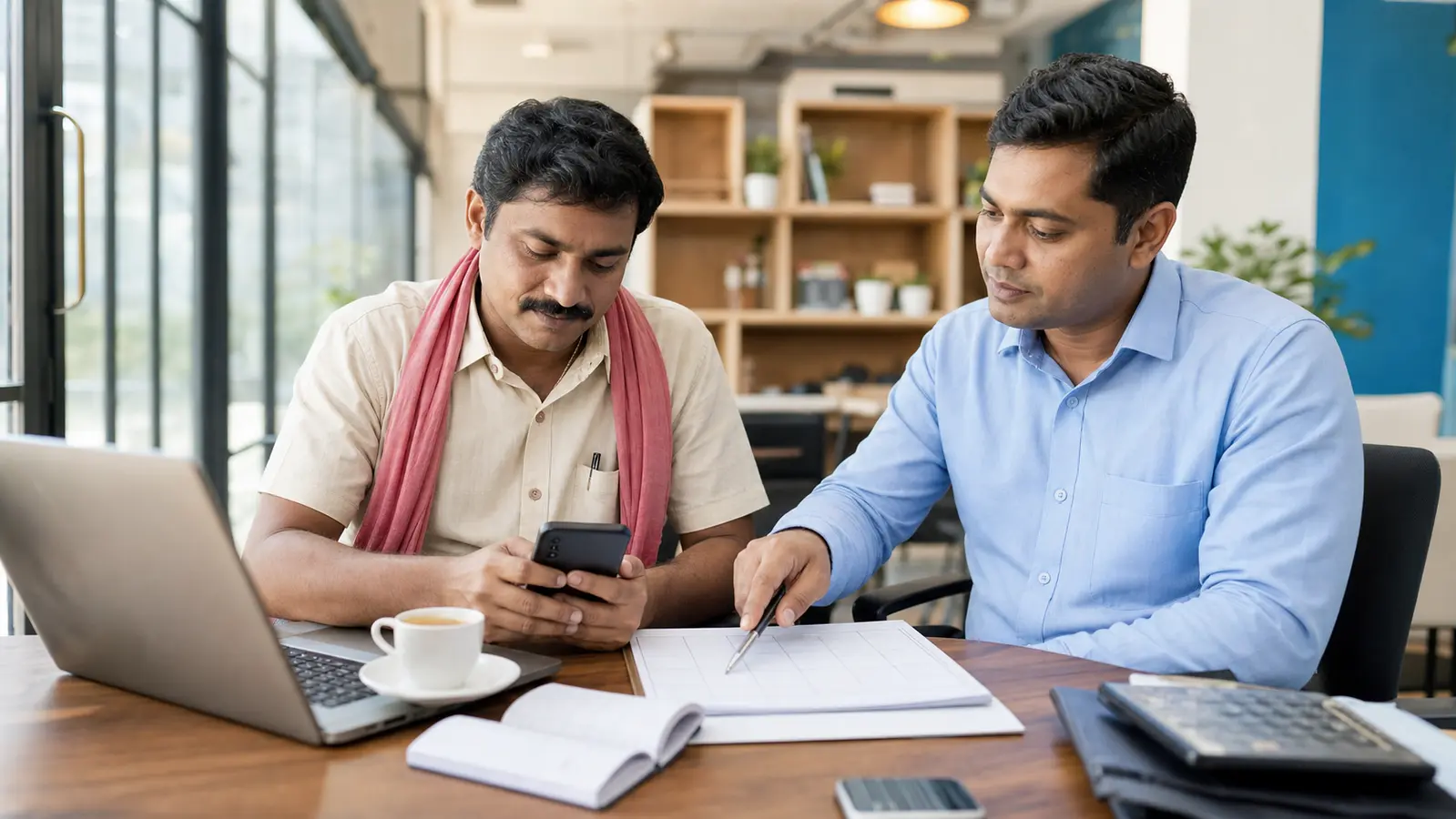 Self-employed worker and advisor using a phone and blank planning sheet to plan an irregular-income pension routine