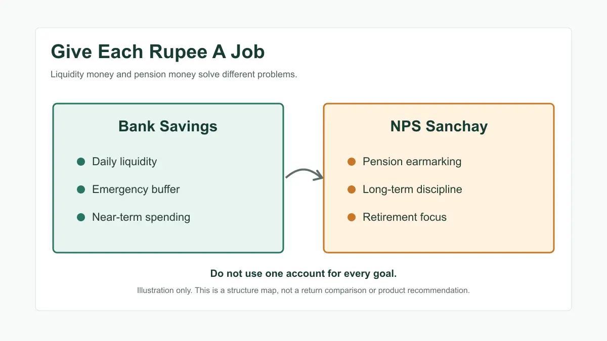 Comparison map showing bank savings for liquidity and NPS Sanchay for pension discipline
