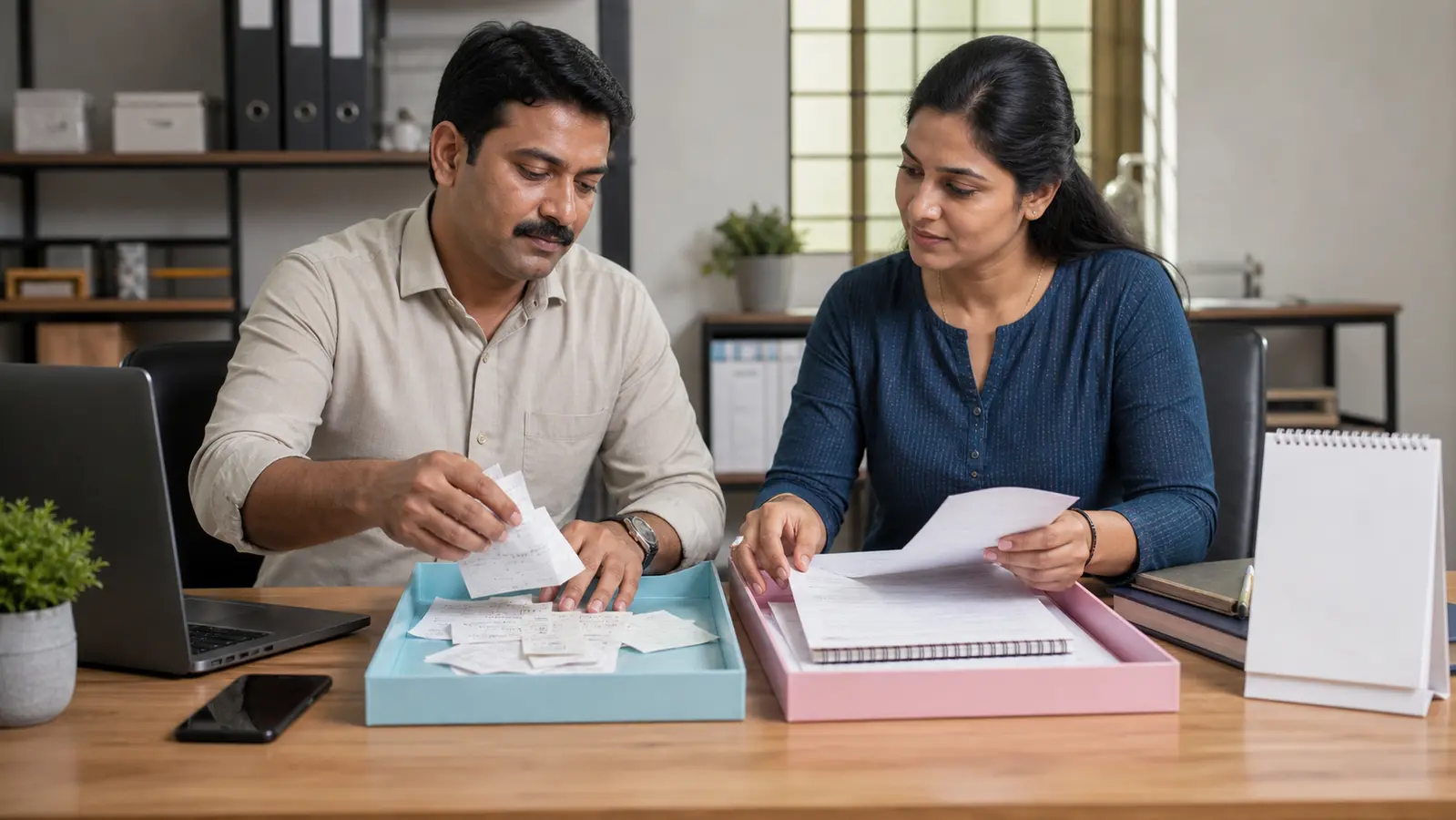 Self-employed professional and advisor sorting short-term receipts and long-term pension papers into separate folders