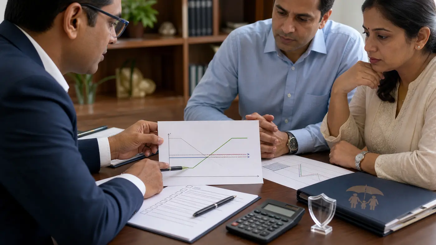 An advisor and investor couple review a portfolio protection plan with a payoff diagram, checklist and family savings file.