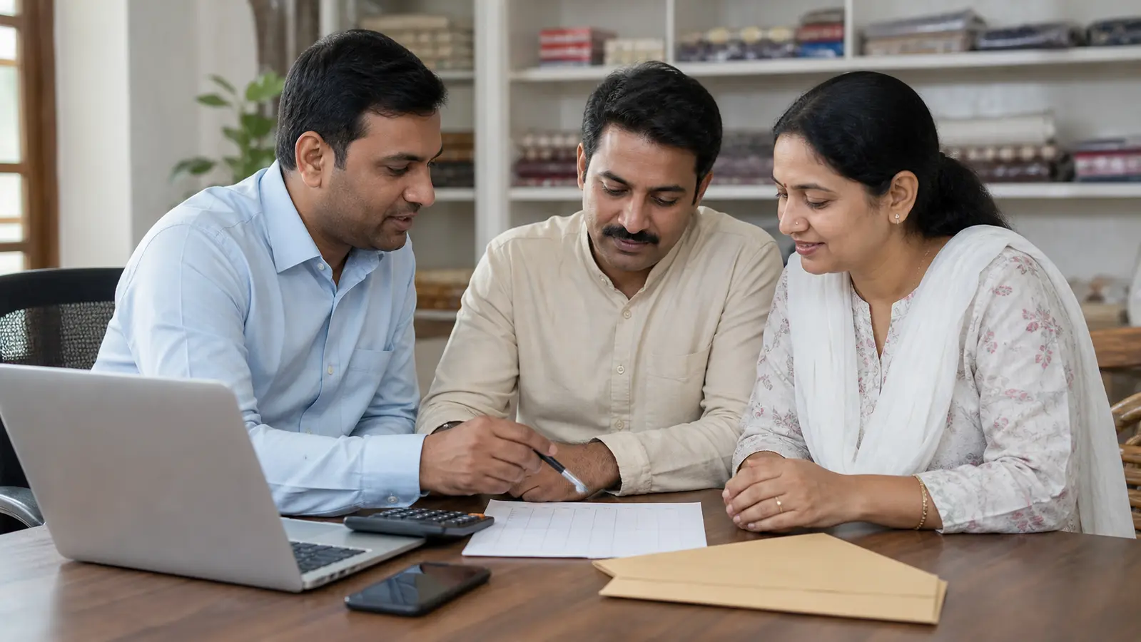 Family and advisor reviewing a blank monthly pension planning sheet in a small business setting
