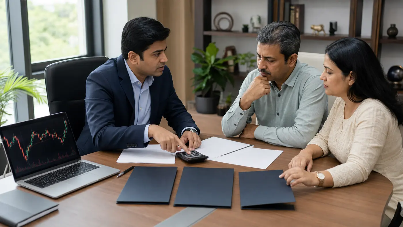 An advisor and investor couple review a margin statement, calculator and risk-buffer folders before reducing leverage.