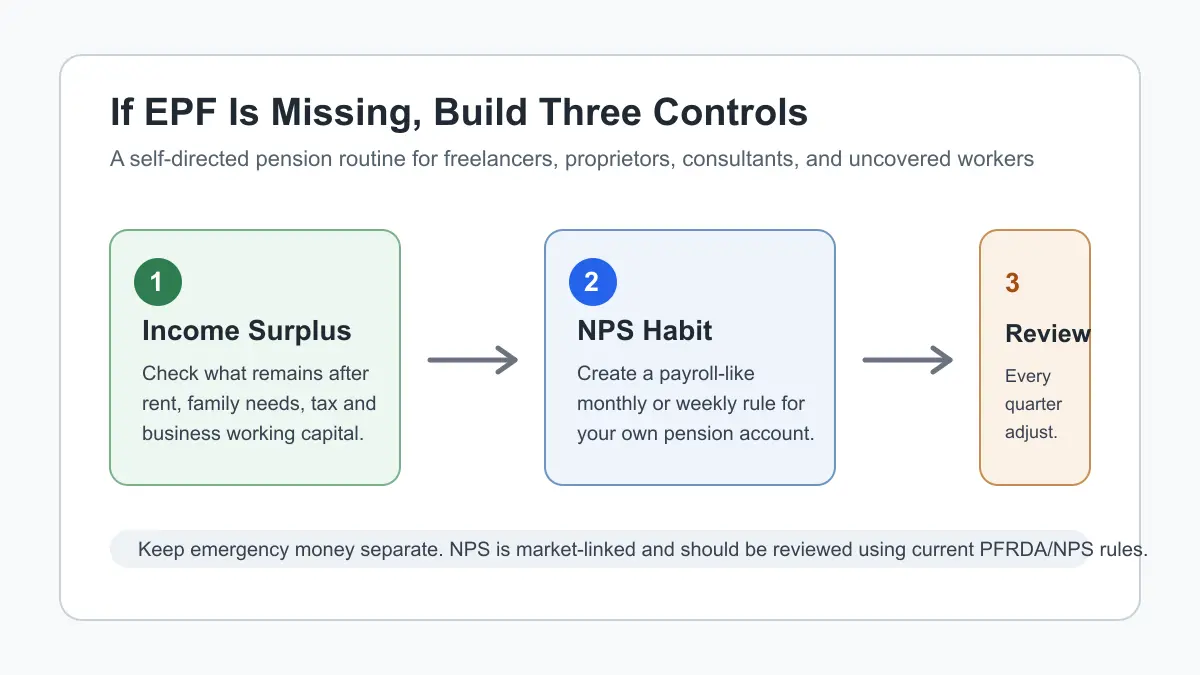 Infographic showing income surplus, NPS contribution habit and quarterly review as three controls for retirement planning without EPF.