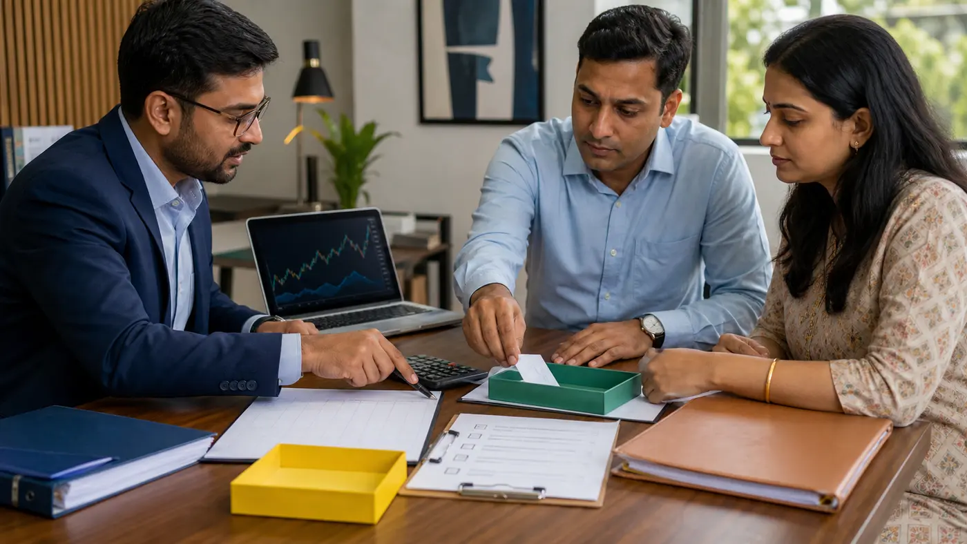 An advisor and investor couple review position sizing, calculator, risk-buffer folders and an exit-rule checklist before placing a trade.