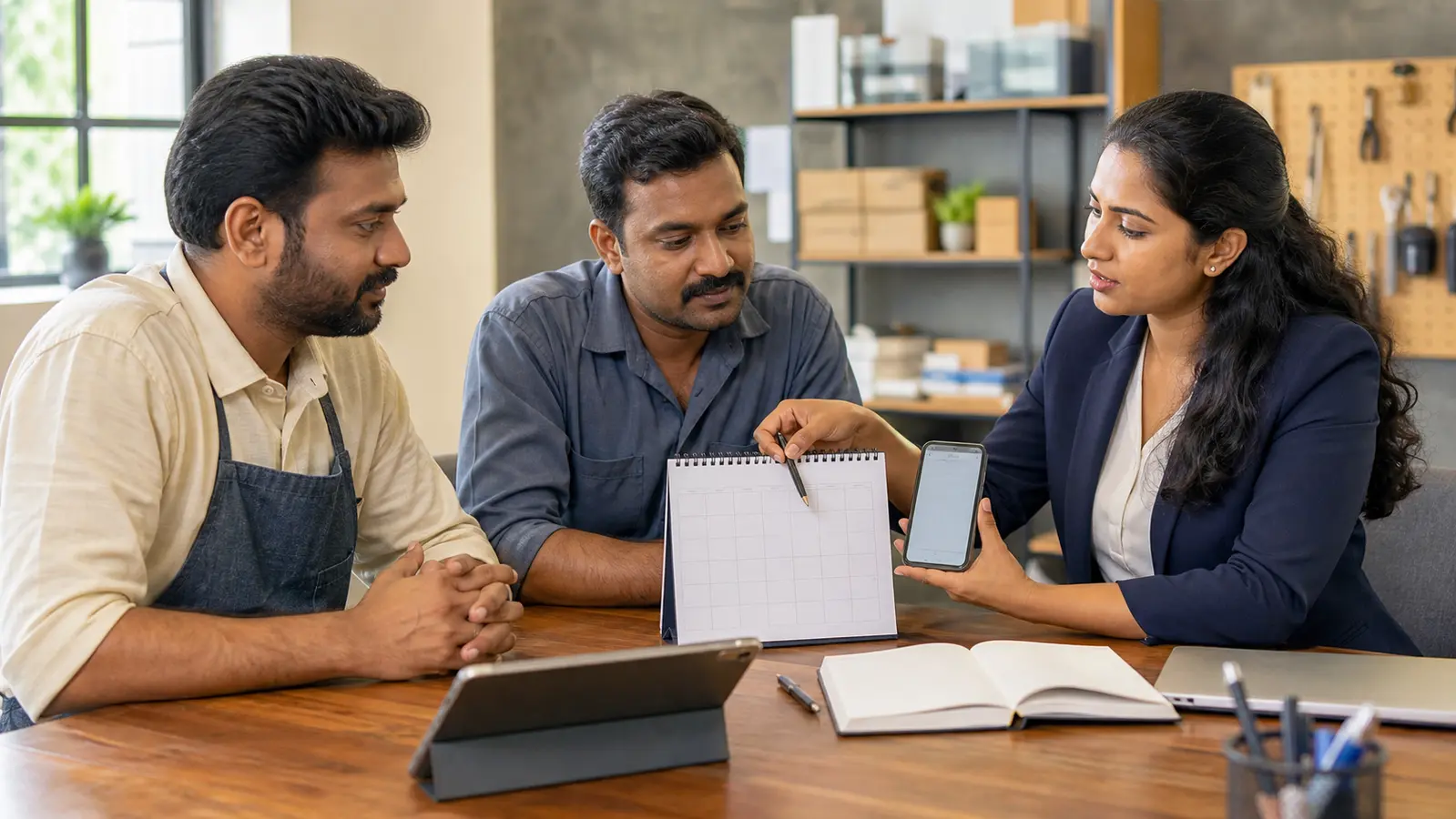 A financial advisor helps a shop owner and technician review a blank monthly contribution calendar and mobile contribution screen.