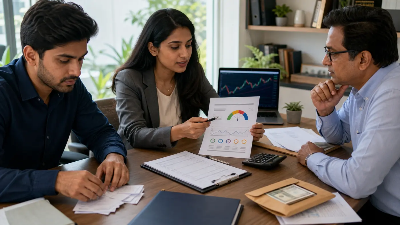 An advisor helps a retail trader review a risk-readiness sheet, calculator, cash buffer envelope and separated family savings folder before reducing speculative F&O trade slips.