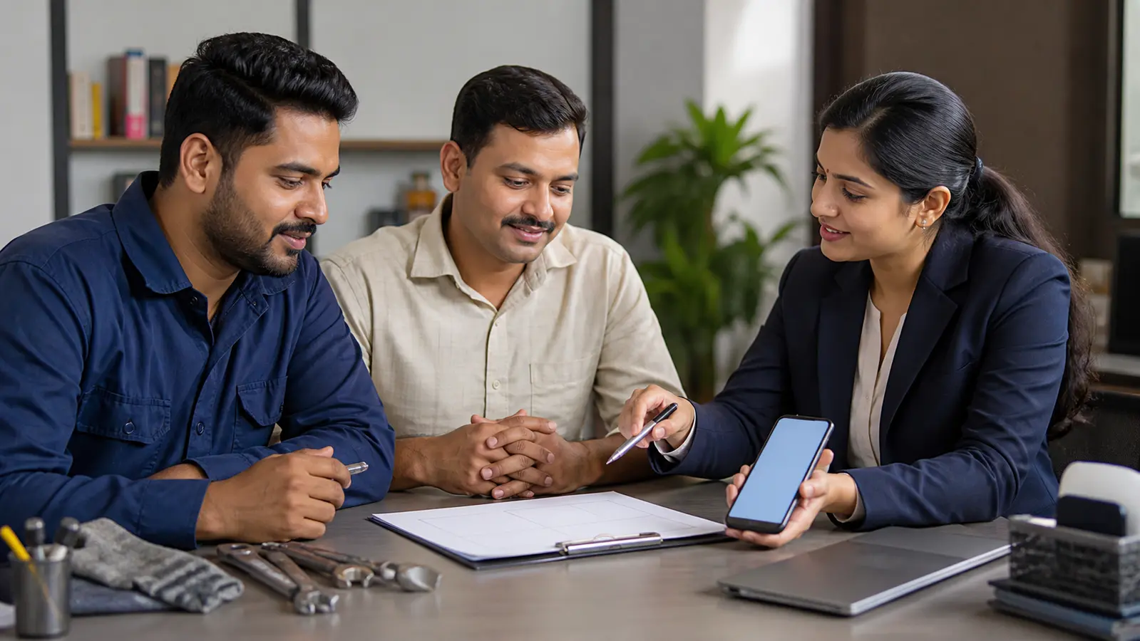 A financial advisor reviews a blank suitability checklist and mobile contribution screen with self-employed workers.