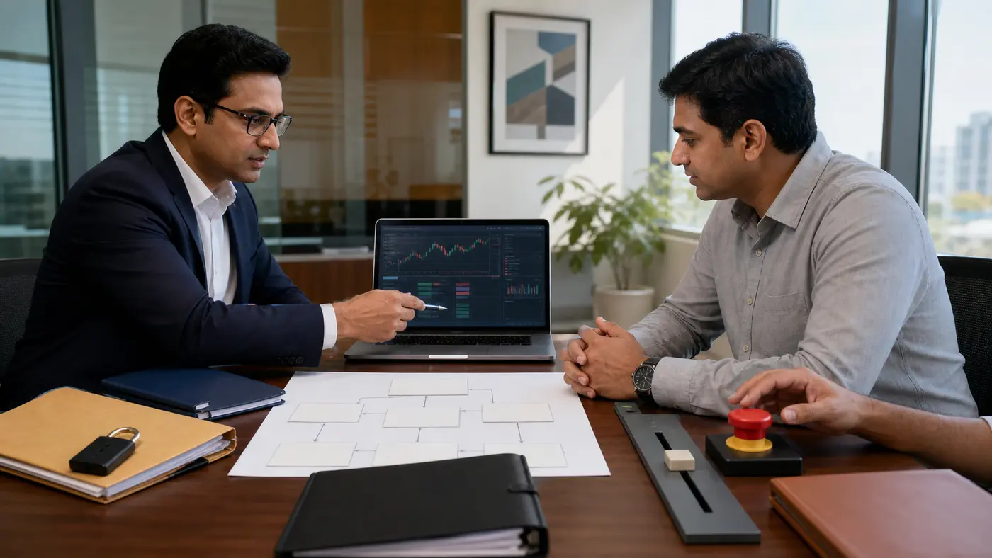 Investor and advisor reviewing API credentials, risk limits, audit trail and emergency stop controls before automating a trading strategy