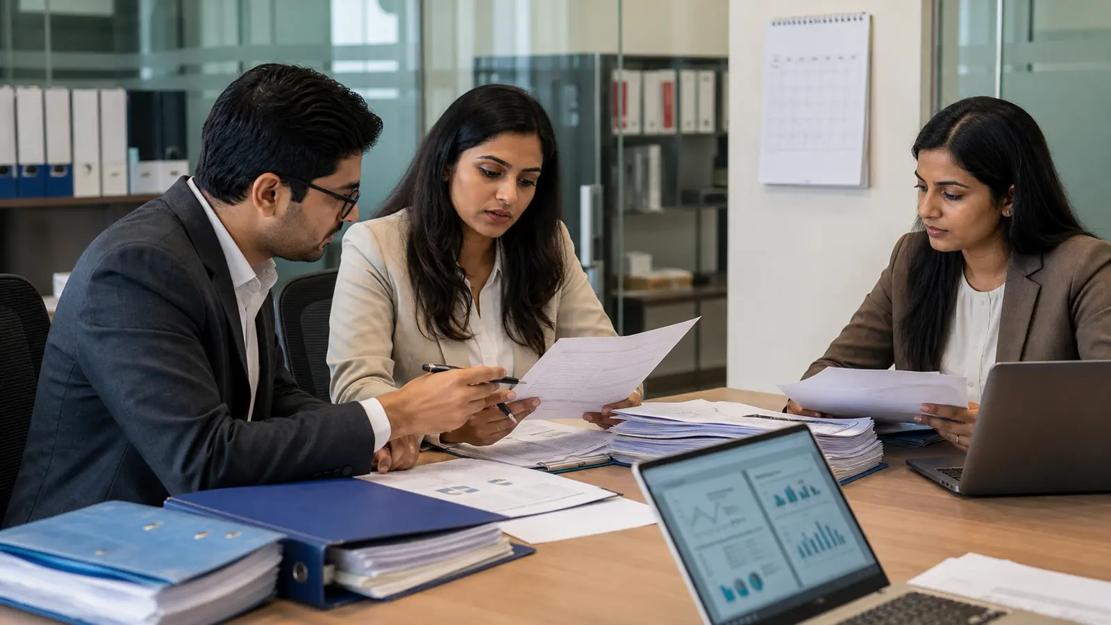 Company compliance team reviewing share-capital reconciliation files before PAS-6 close