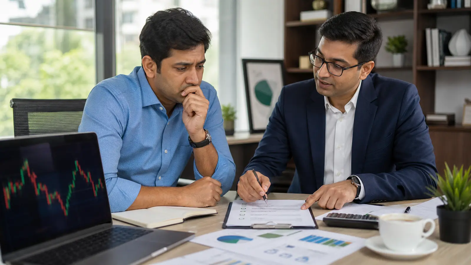 An Indian investor pauses before reacting to a market chart while an advisor redirects the discussion toward a written investment plan.