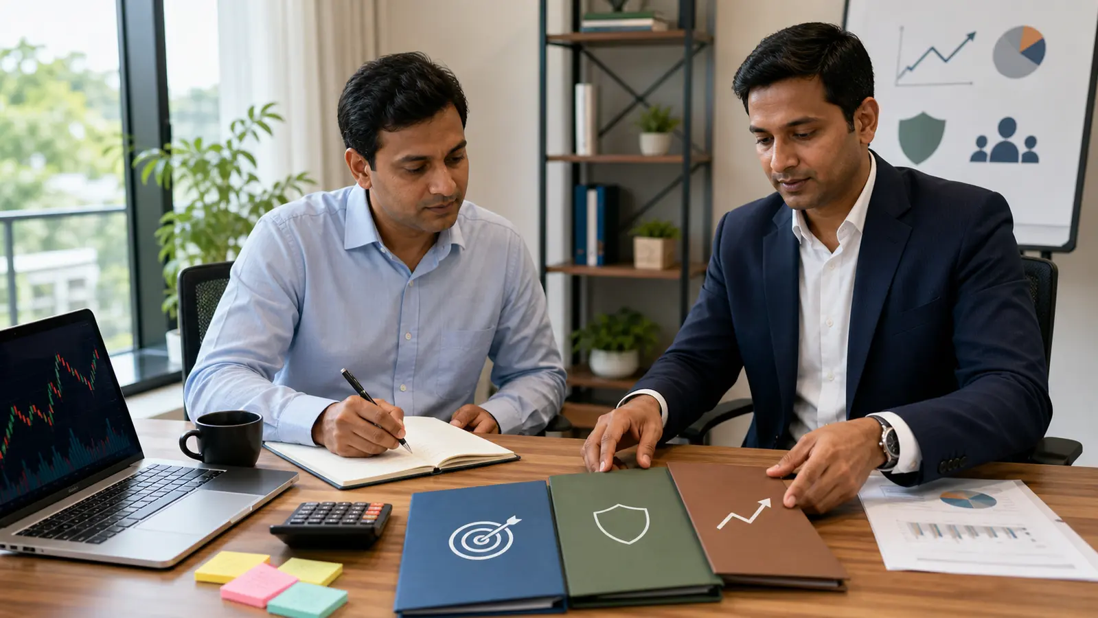 An investor and advisor review goal, risk and action-plan folders before making a market decision.