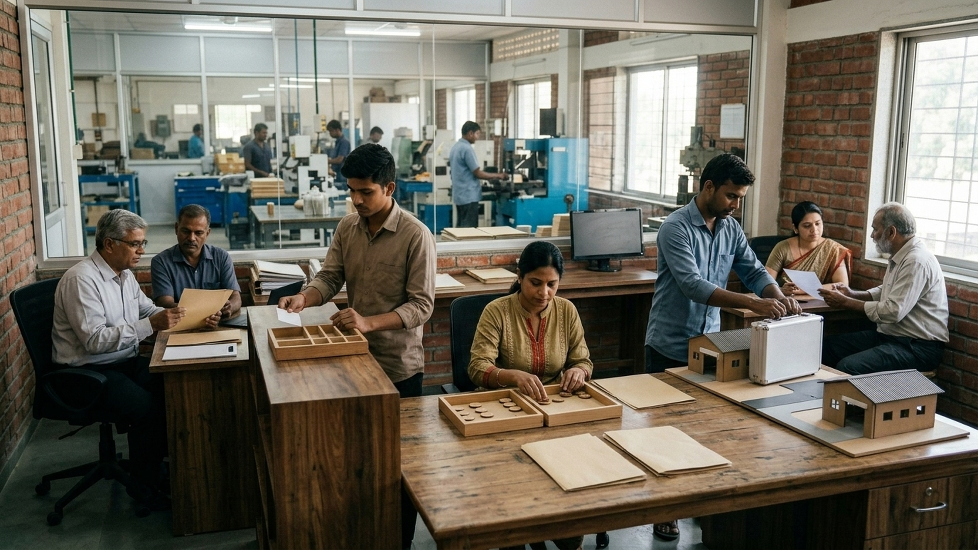 A realistic MSME workplace scene follows an employee from benefit explanation and enrolment through payroll contributions, account review and job portability.