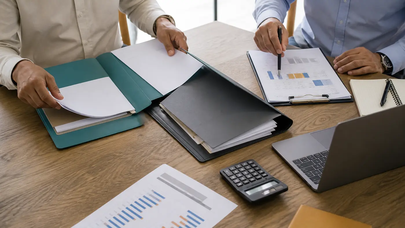 Hands organizing separate business and retirement planning folders on a conference table
