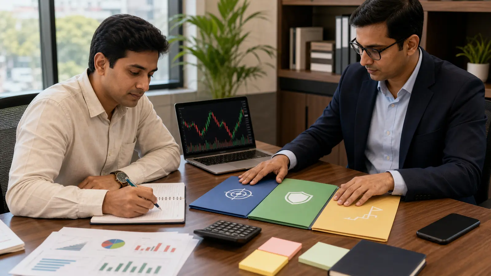 An investor and advisor review goal, risk and action-plan folders while the phone is kept aside before a market decision.