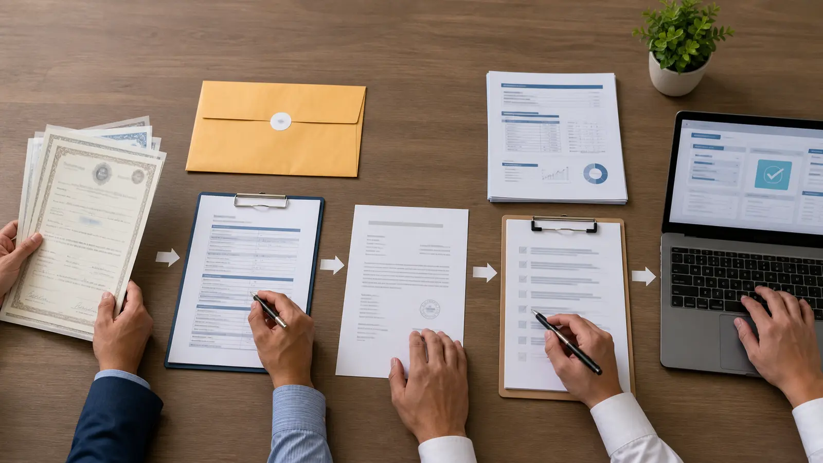 Physical certificates, DRF documents and demat confirmation workflow arranged on a corporate desk