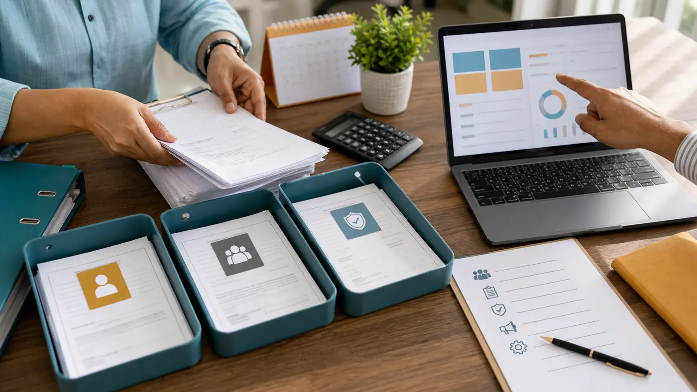 HR and accounts staff organising employee benefit documents with a laptop dashboard