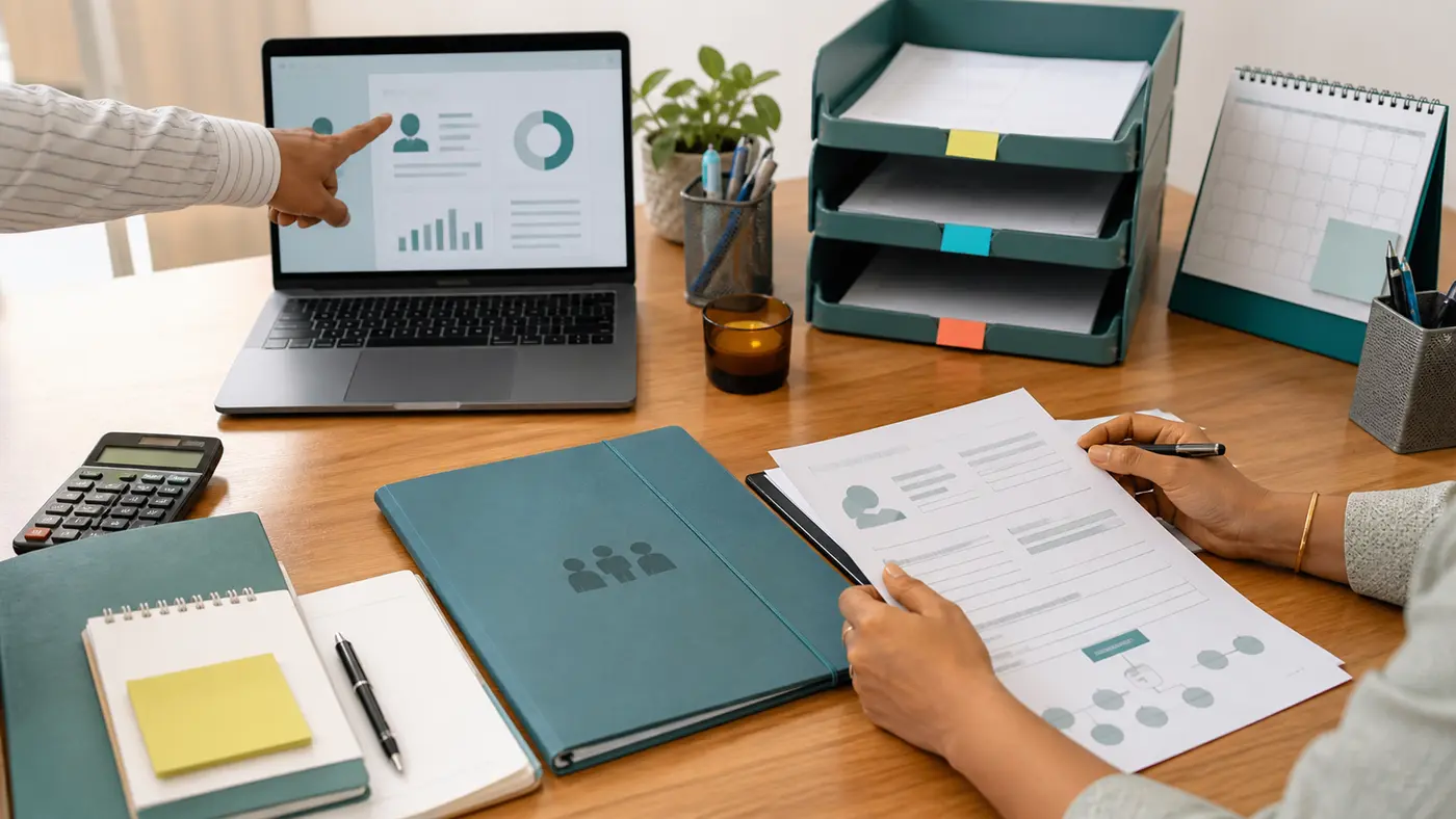 HR desk with employee benefit files, payroll folders and an abstract dashboard