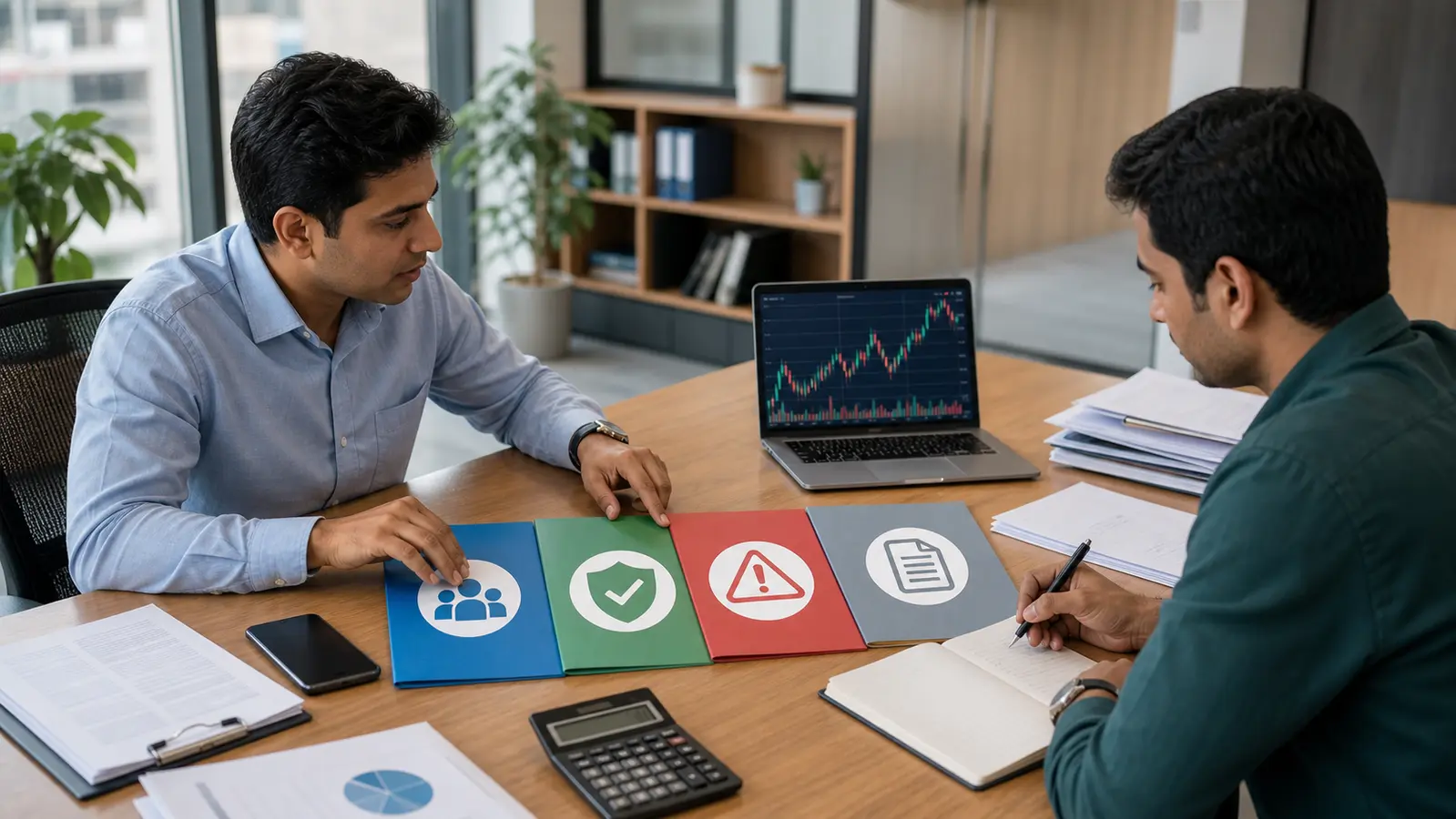 An investor and advisor keep a phone tip aside while reviewing folders for source, registration, risk and documentation.