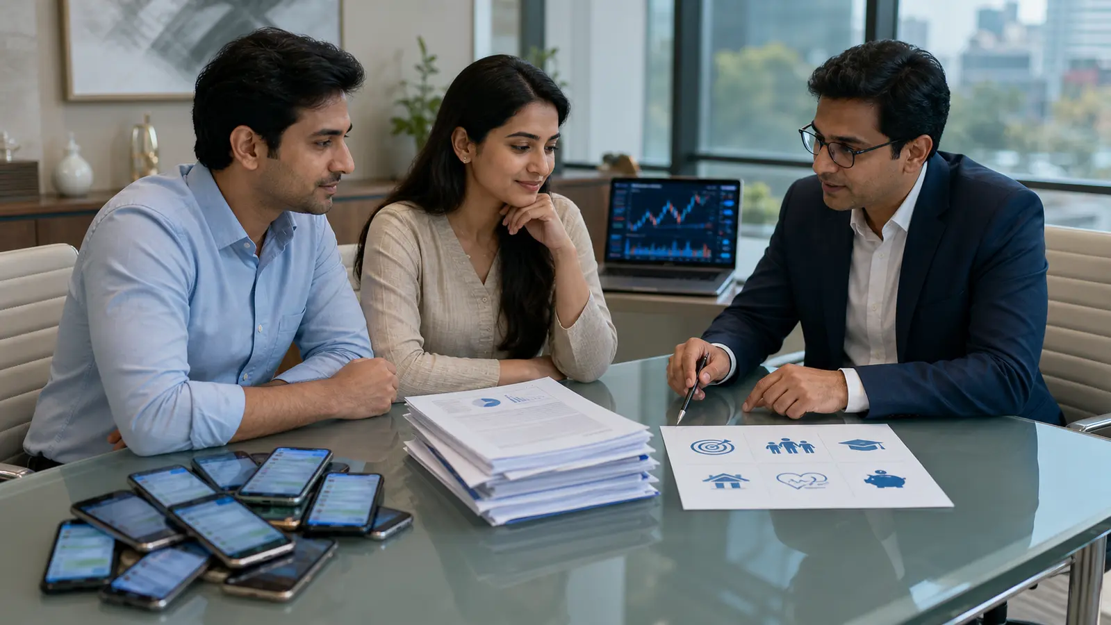 The same investors set crowded phone messages aside and review research documents, personal goals and risk checks with an advisor.
