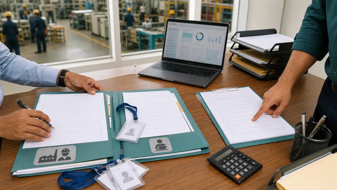 HR desk with factory and office staff benefit folders, blank forms and laptop dashboard
