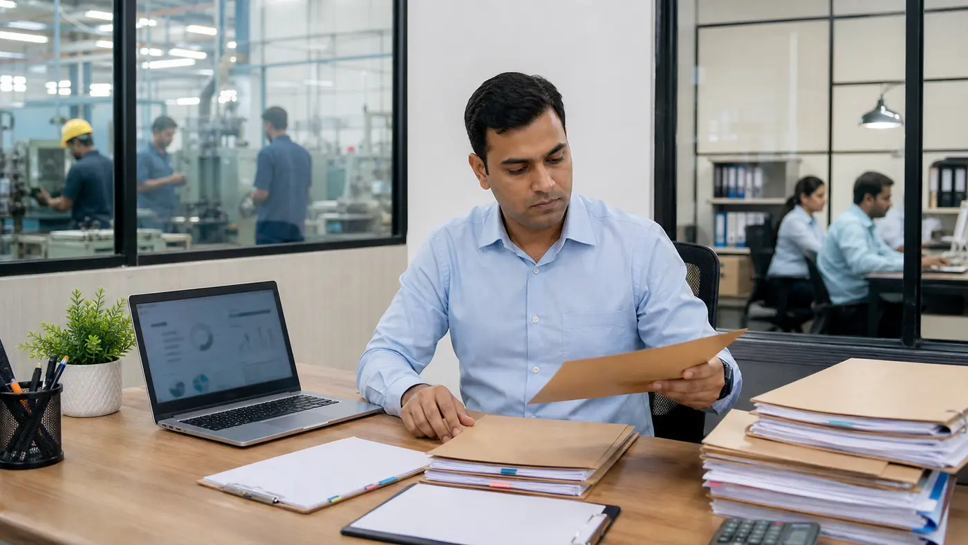 HR executive preparing employee retirement benefit records beside a small-business workplace