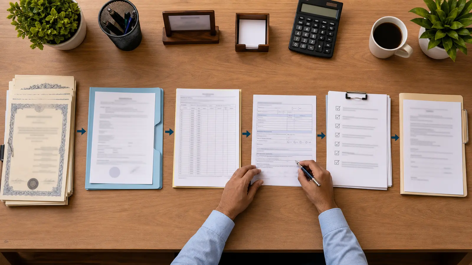 Top-down workflow of physical certificates, folio record, demat account file, transposition form and final confirmation documents