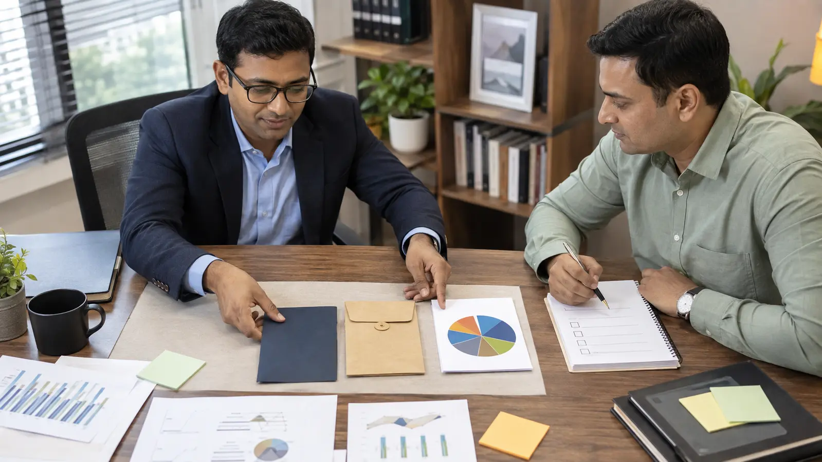 An advisor arranges goal, emergency fund and diversified portfolio papers while an investor makes a calm market-volatility checklist