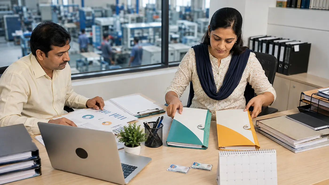 HR and accounts team organizing payroll records and employee benefit folders in an MSME office