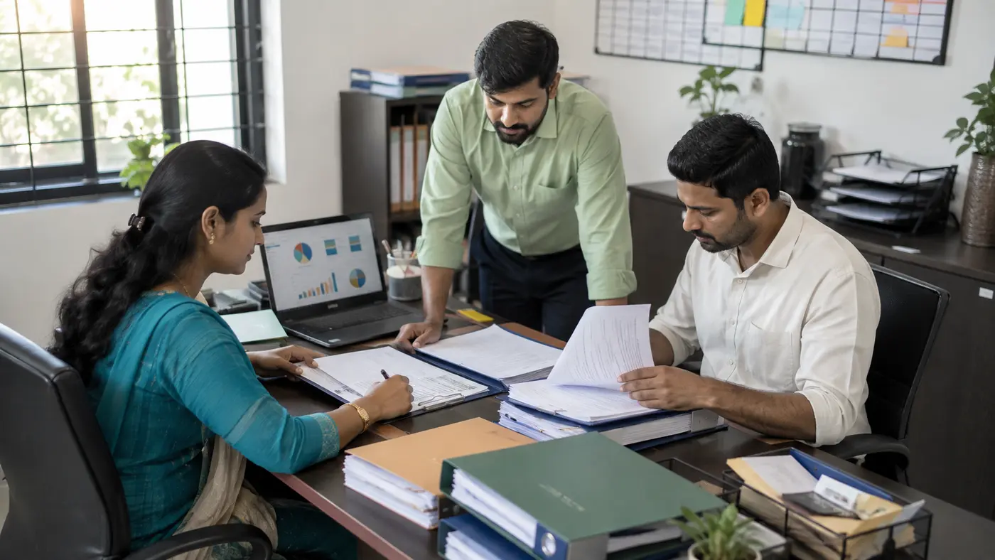 HR and accounts team organizing retirement benefit records for a small workplace