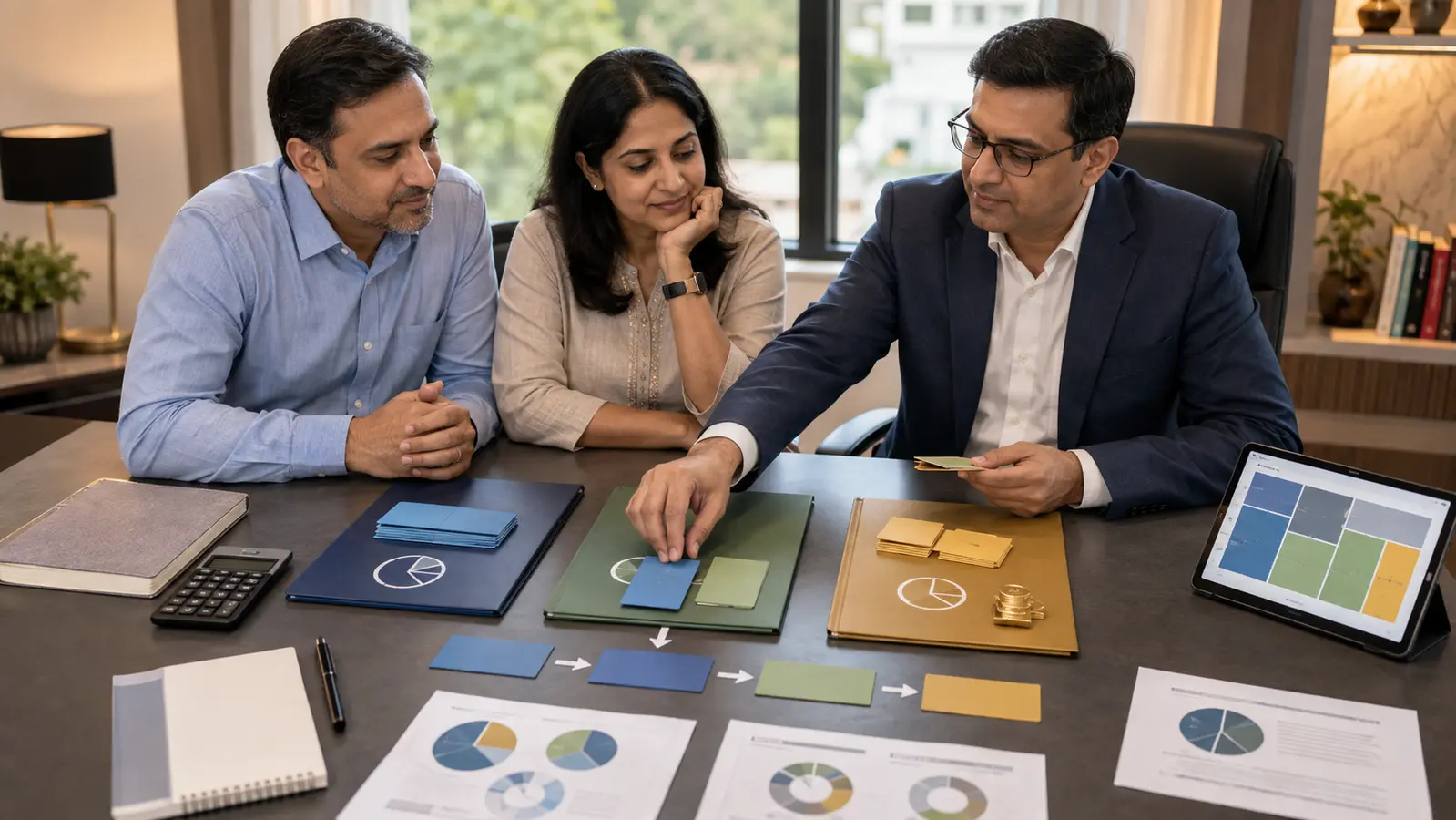 A wealth planner uses allocation cards to show how equity, debt and cash buckets can be brought back toward a planned mix