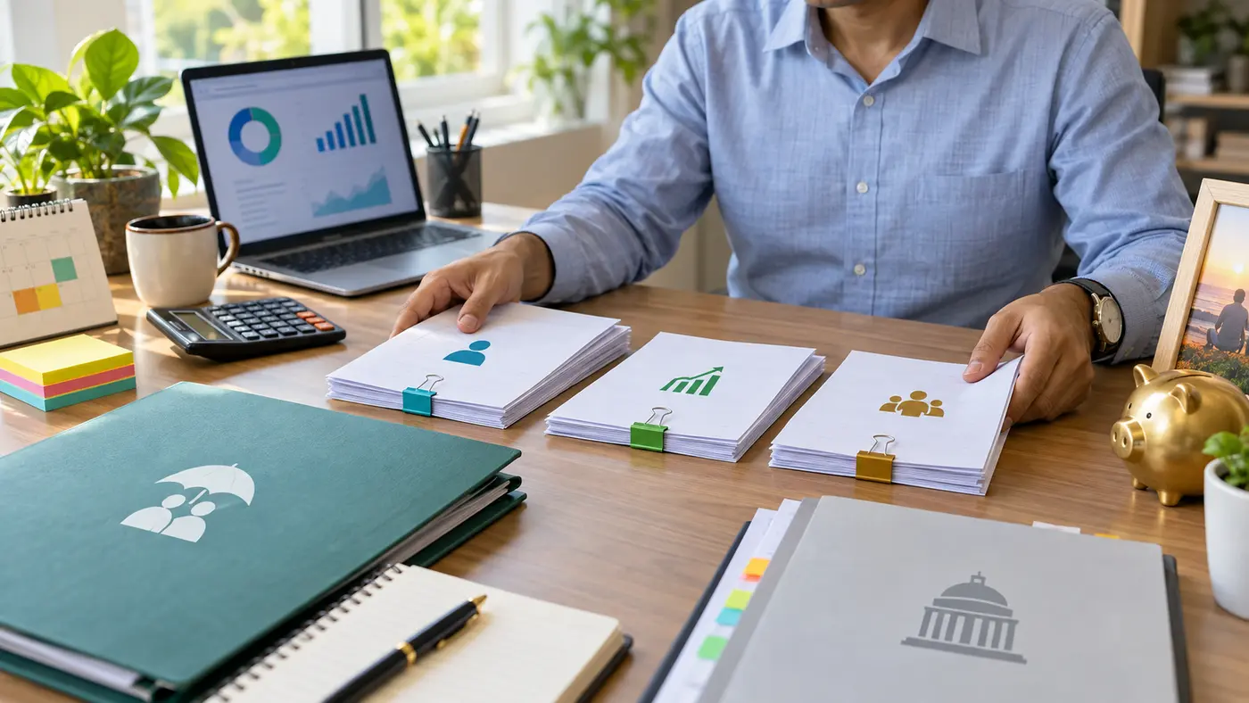 Planner arranging NPS tax deduction documents, calculator and abstract financial dashboard