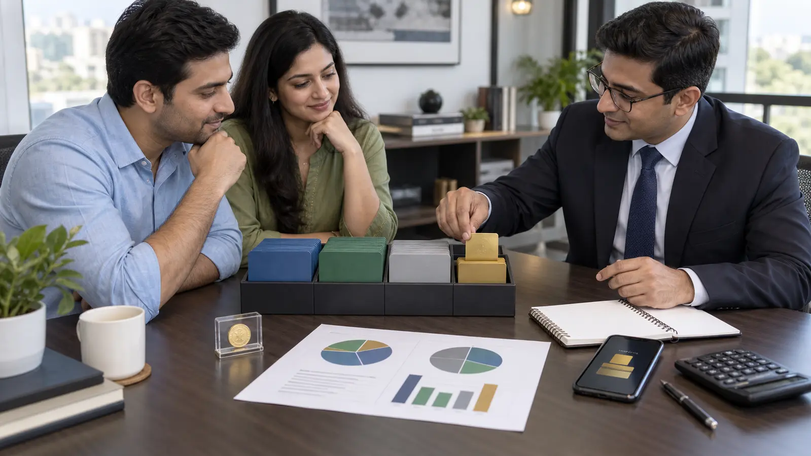 A wealth planning desk showing equity, debt, cash and gold allocation buckets, with gold presented as one part of a diversified portfolio.