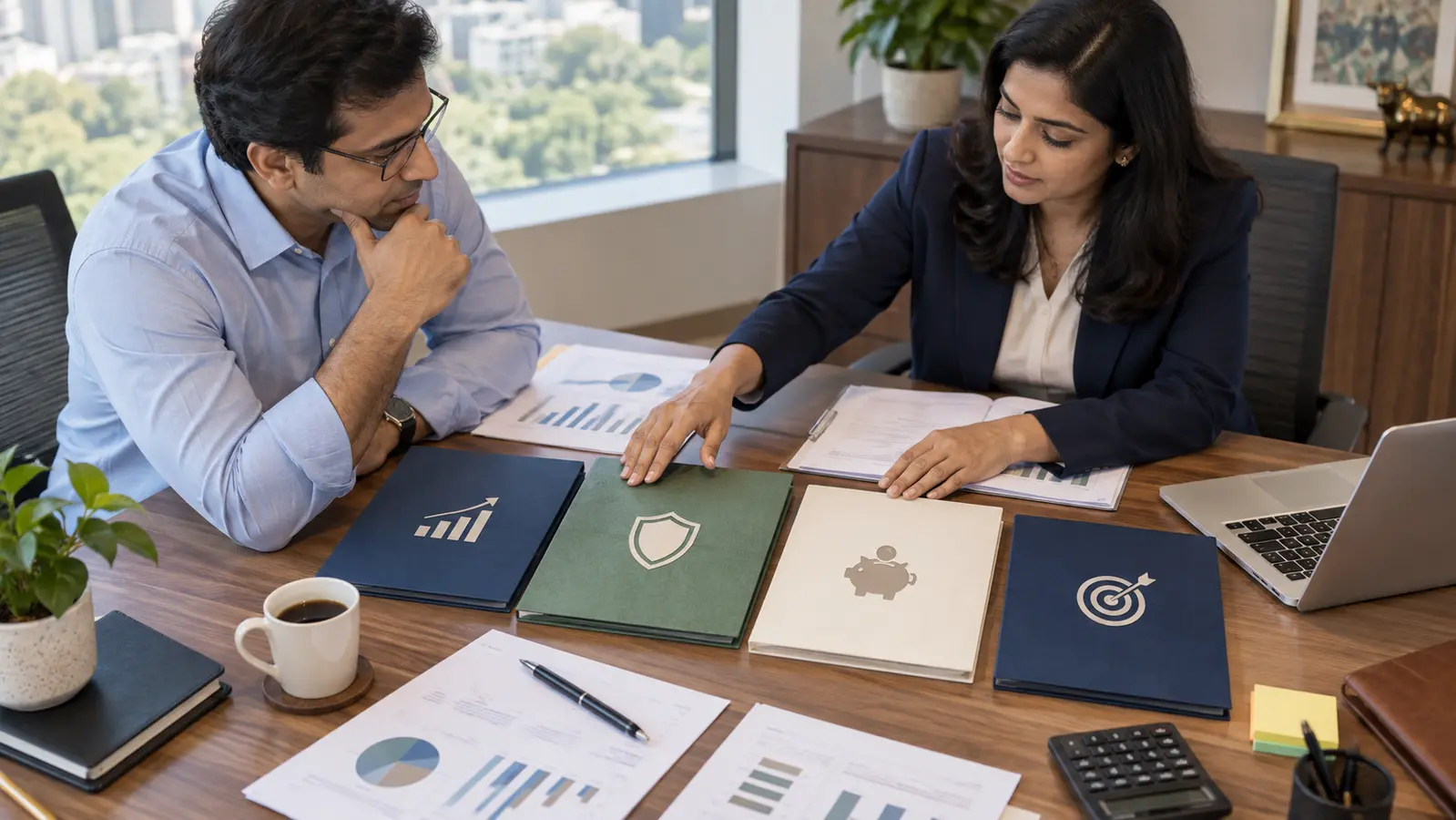 A planner arranging portfolio folders for growth, debt stability, emergency money and goals while an investor reviews the allocation.
