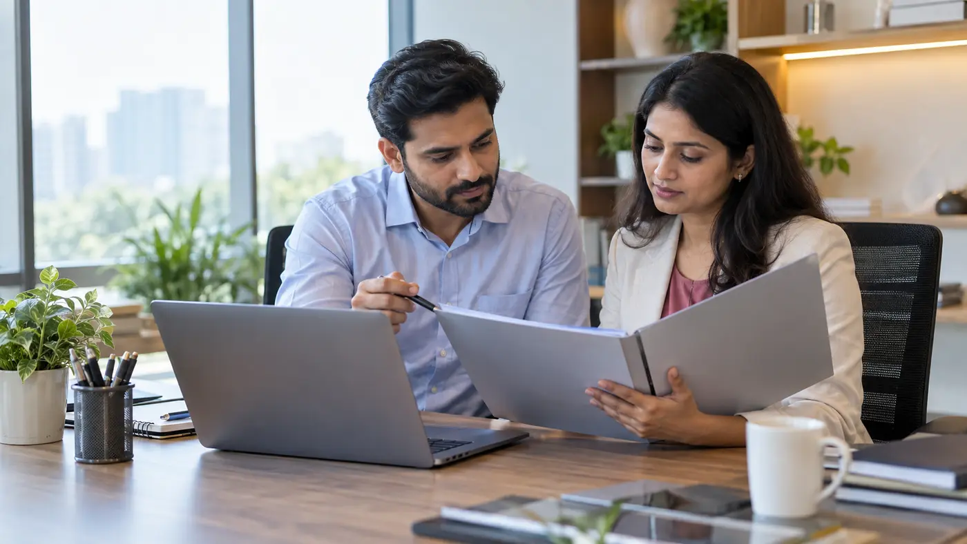 Compliance professional and payroll manager checking a corporate NPS records process