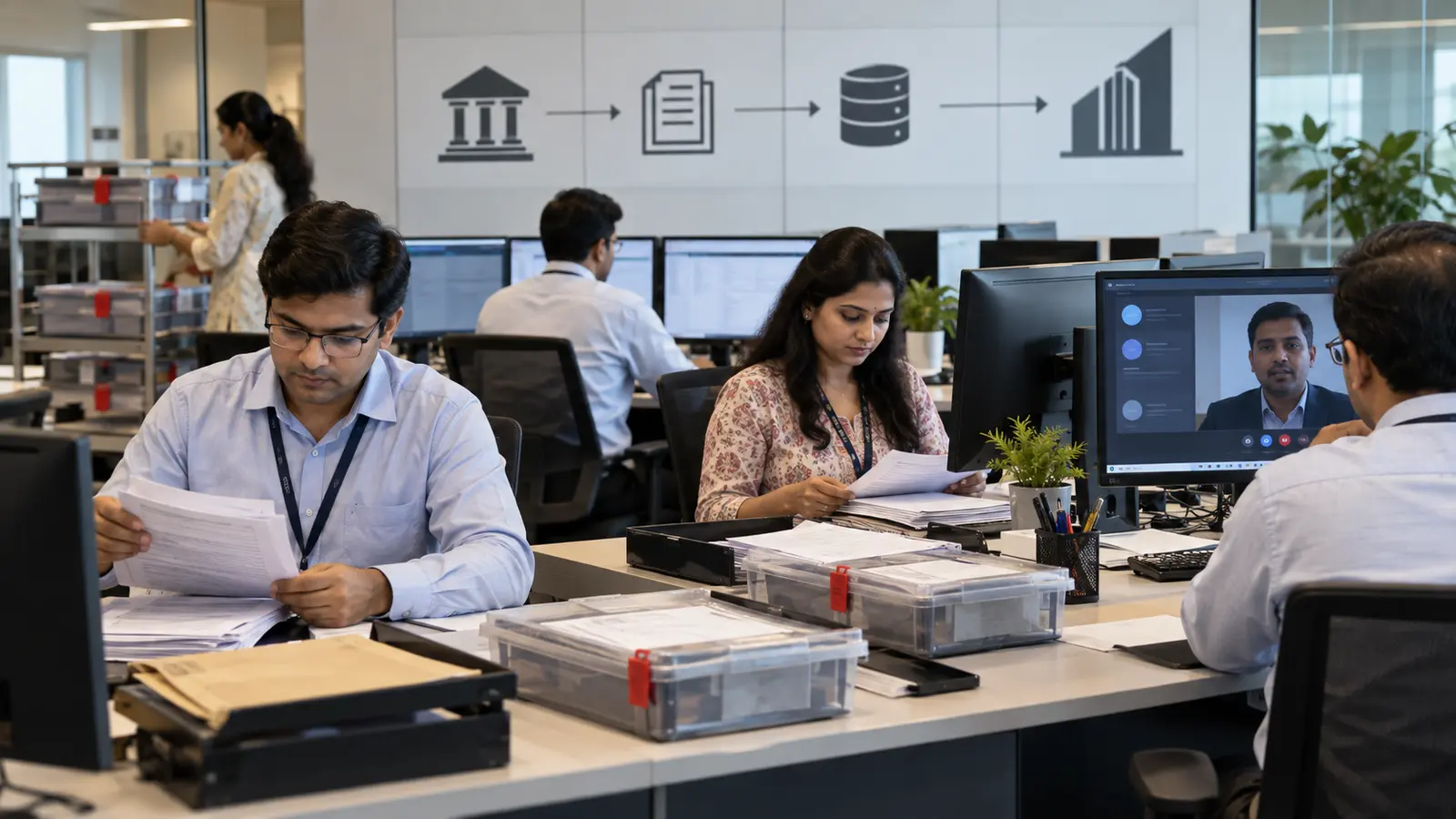 Registrar-to-an-Issue operations team reconciling IPO processing handoffs in an Indian office
