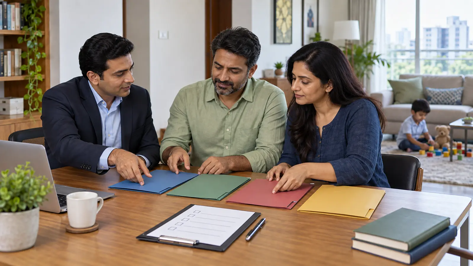 The same couple and adviser arranging four unlabeled folders and a checklist for a household protection review.