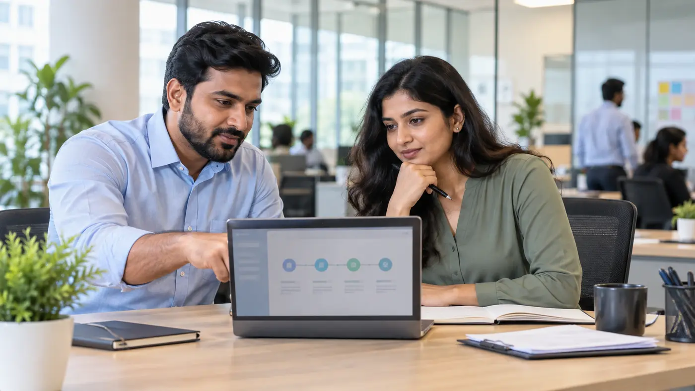Employee and payroll professional reviewing a corporate NPS investment-choice workflow