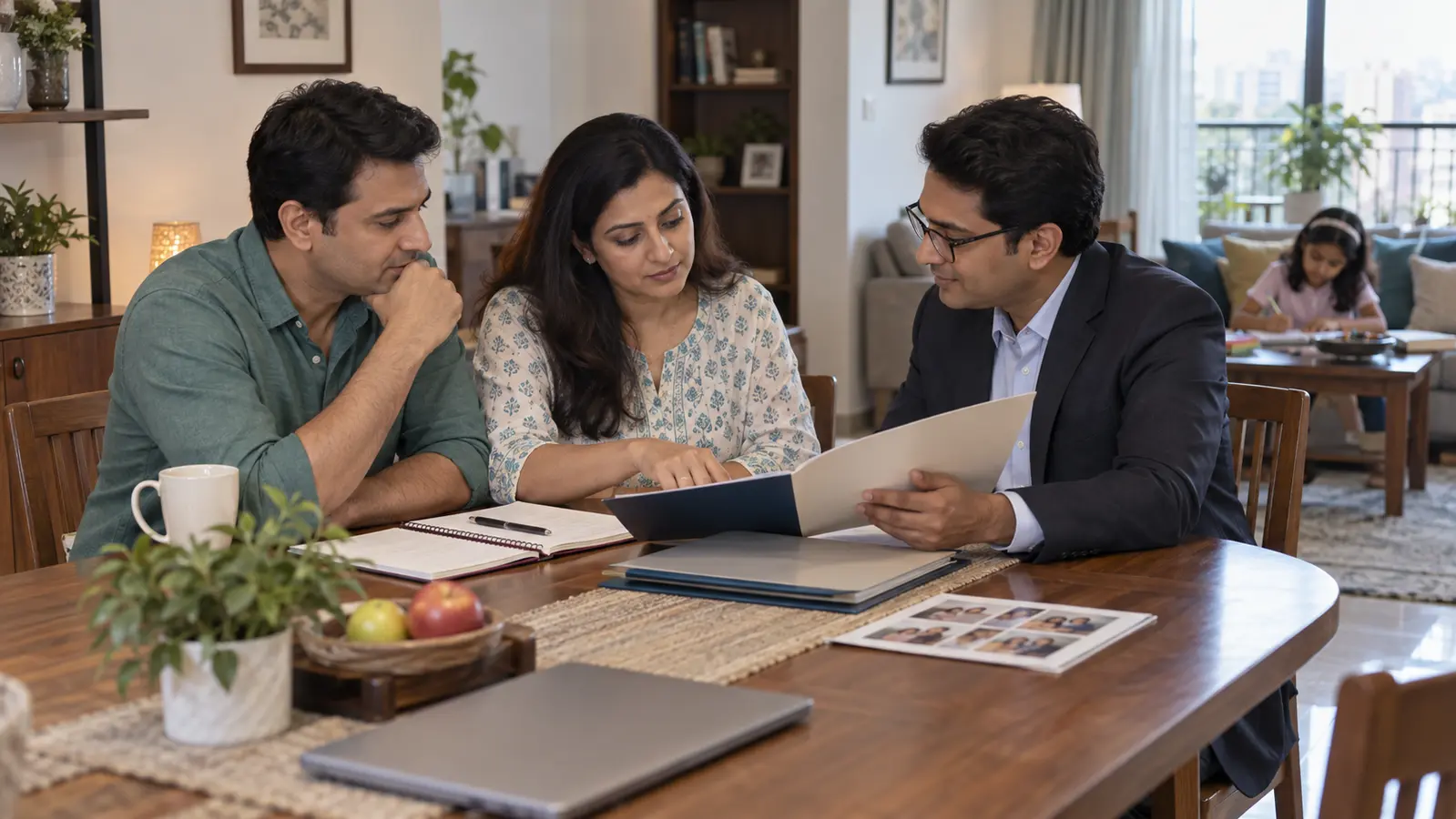 A family and adviser reviewing income-protection documents at their dining table while a child studies nearby.