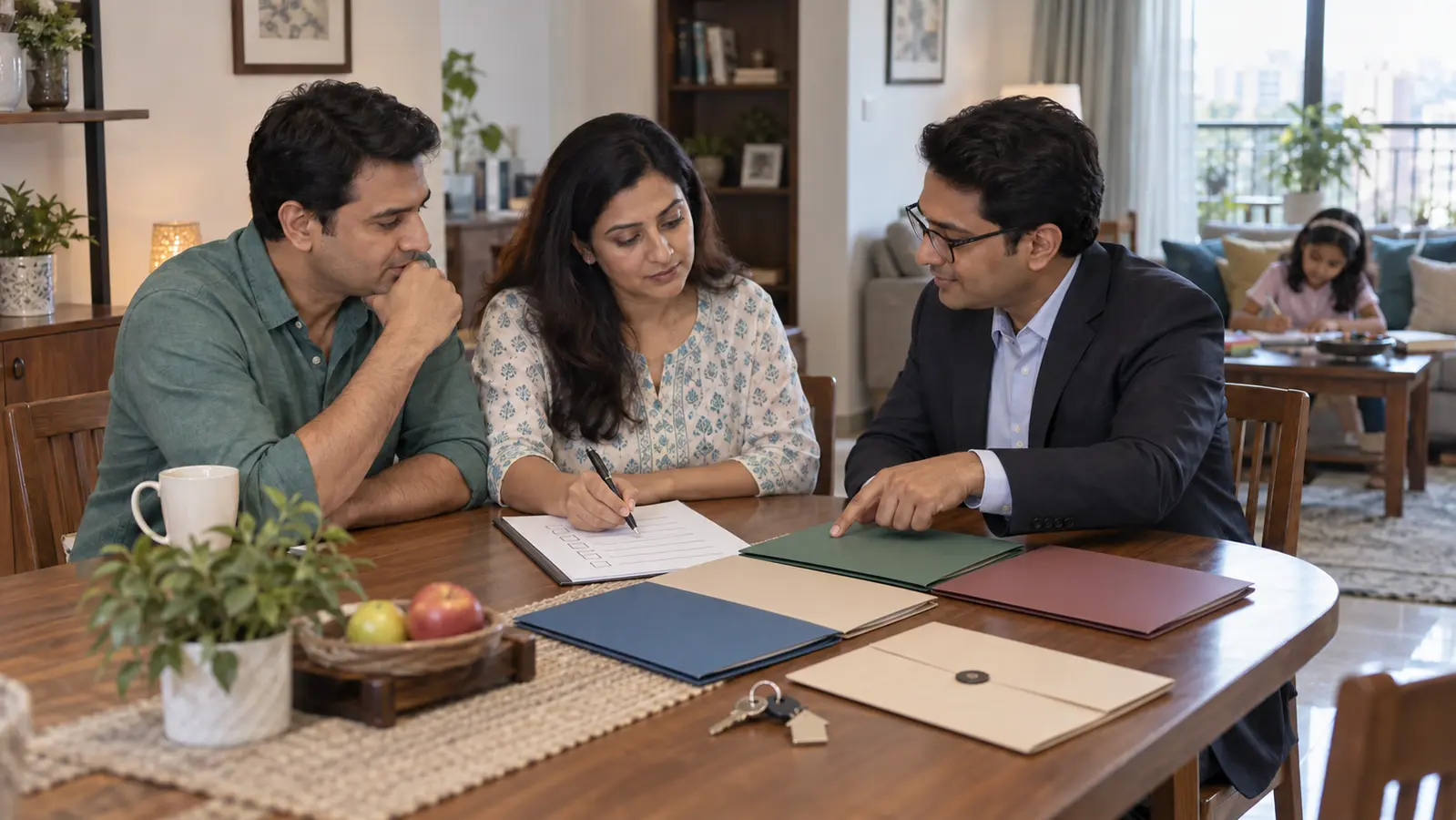 The same family and adviser reviewing a checklist, household folders and a document envelope for term-insurance administration.