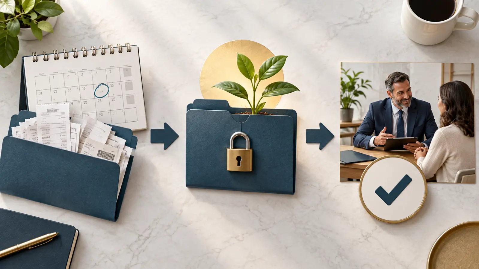 Three-stage workflow shown through a calendar and receipt folder, a long-term savings folder with a growing plant, and a client review conversation